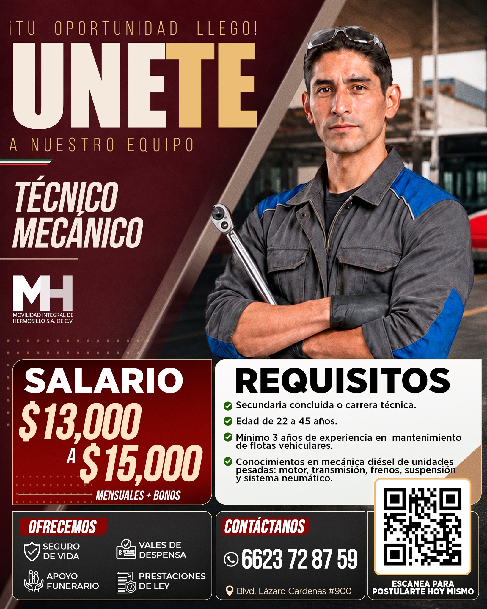 Banner del anuncio de la vacante: ¡TU OPORTUNIDAD LLEGO! · UNETE · A NUESTRO EQUIPO · TÉCNICO · MECANICO · MH · HERMOSILLO S.A. DE C.V. · SALARIO · $13,000 · *$15,000 · MENSU