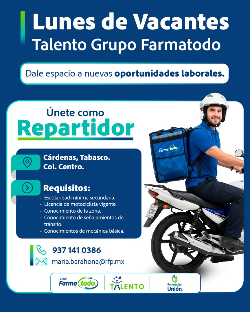 Banner del anuncio de la vacante: Lunes de Vacantes · Talento Grupo Farmatodo · Dale espacio a nuevas oportunidades laborales. · Únete como · Repartidor · Grupo · Forma todo 
