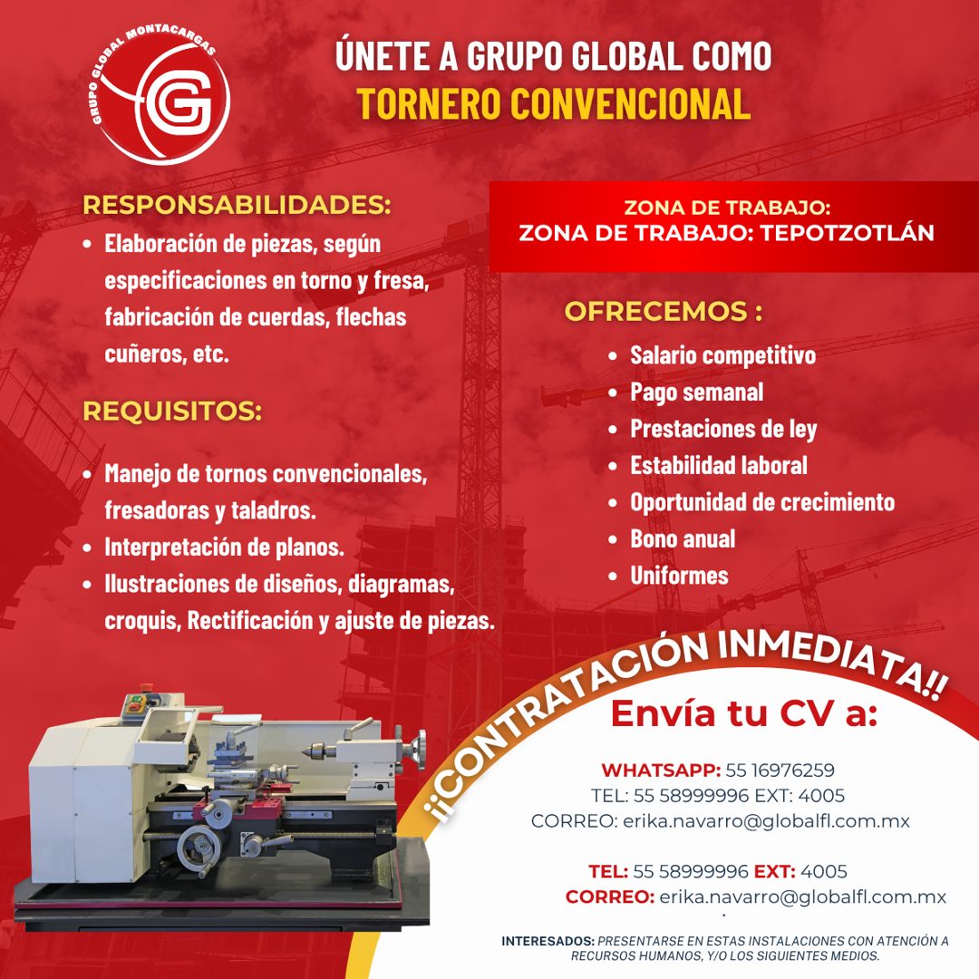 Banner del anuncio de la vacante: G · ÚNETE A GRUPO GLOBAL COMO · TORNERO CONVENCIONAL · RESPONSABILIDADES: · • Elaboración de piezas, según · especificaciones en torno y fre