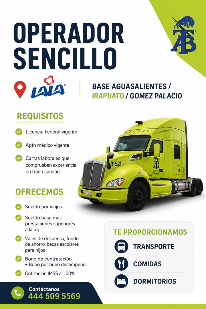 Banner del anuncio de la vacante: OPERADOR · SENCILLO · BASE AGUASALIENTES / · IRAPUATO / GOMEZ PALACIO · REQUISITOS · Licencia Federal vigente · Apto médico vigente · Cartas