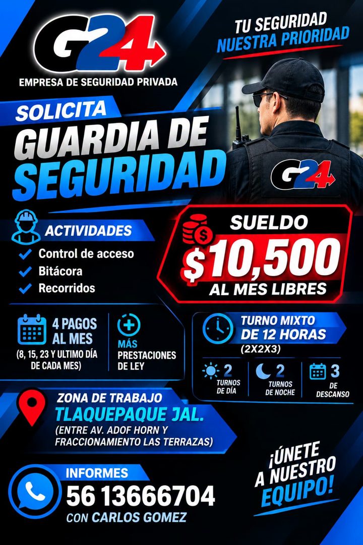 Banner del anuncio de la vacante: TU SEGURIDAD · NUESTRA PRIORIDAD · EMPRESA DE SEGURIDAD PRIVADA · SOLICITA · GUARDIA DE · SEGURIDAD · ACTIVIDADES · Control de acceso · Bitá