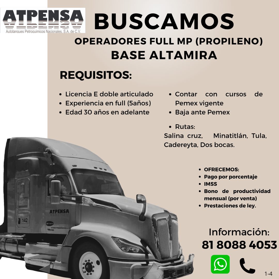 Banner del anuncio de la vacante: ATPENSA · Autotanques Petroquimicos Nacionales. S.A. de C.V. · BUSCAMOS · OPERADORES FULL MP (PROPILENO) · BASE ALTAMIRA · REQUISITOS: · • L