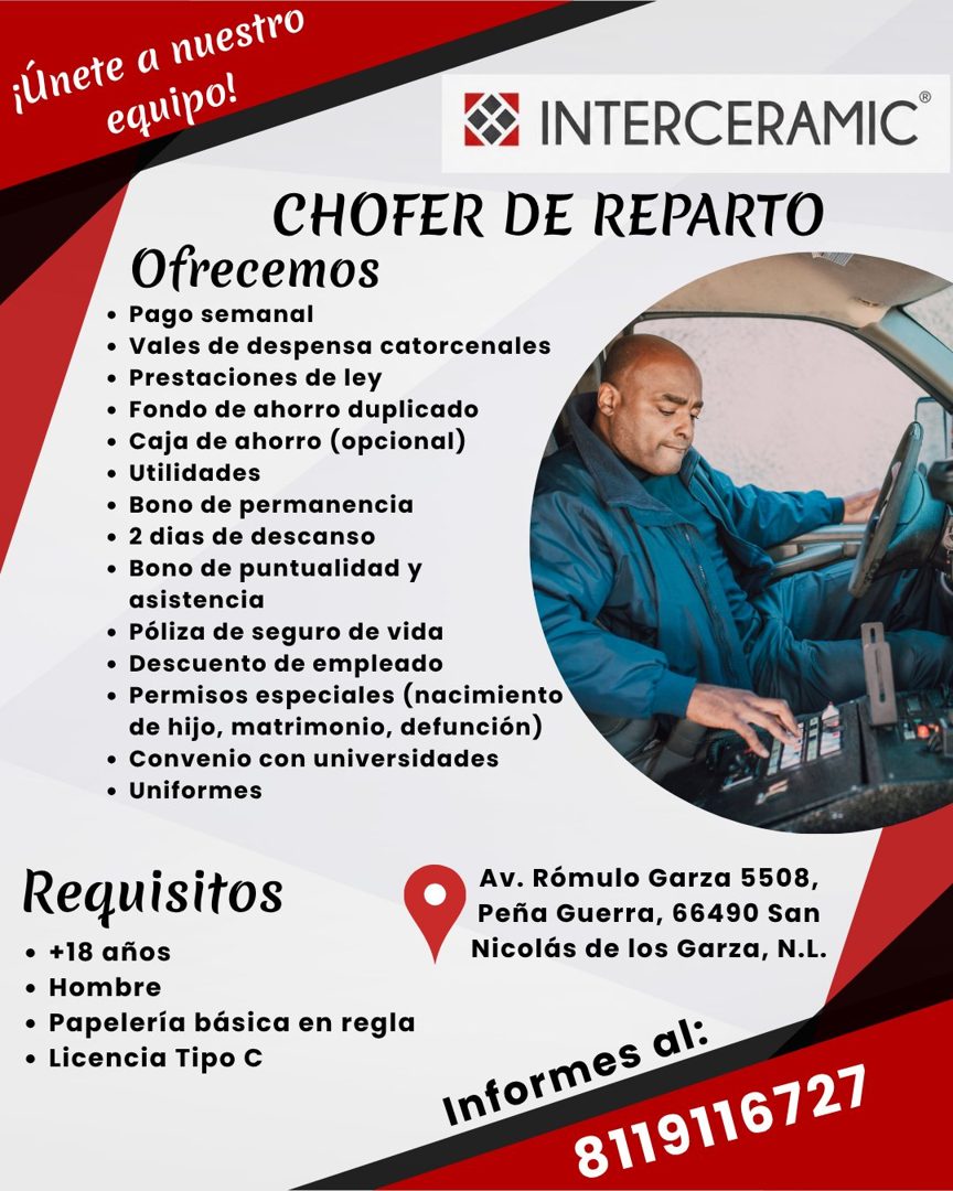 Banner del anuncio de la vacante: ¡unete a nuestro · equipo! · INTERCERAMIC® · CHOFER DE REPARTO · Ofrecemos · • Pago semanal · • Vales de despensa catorcenales · • Prestacio