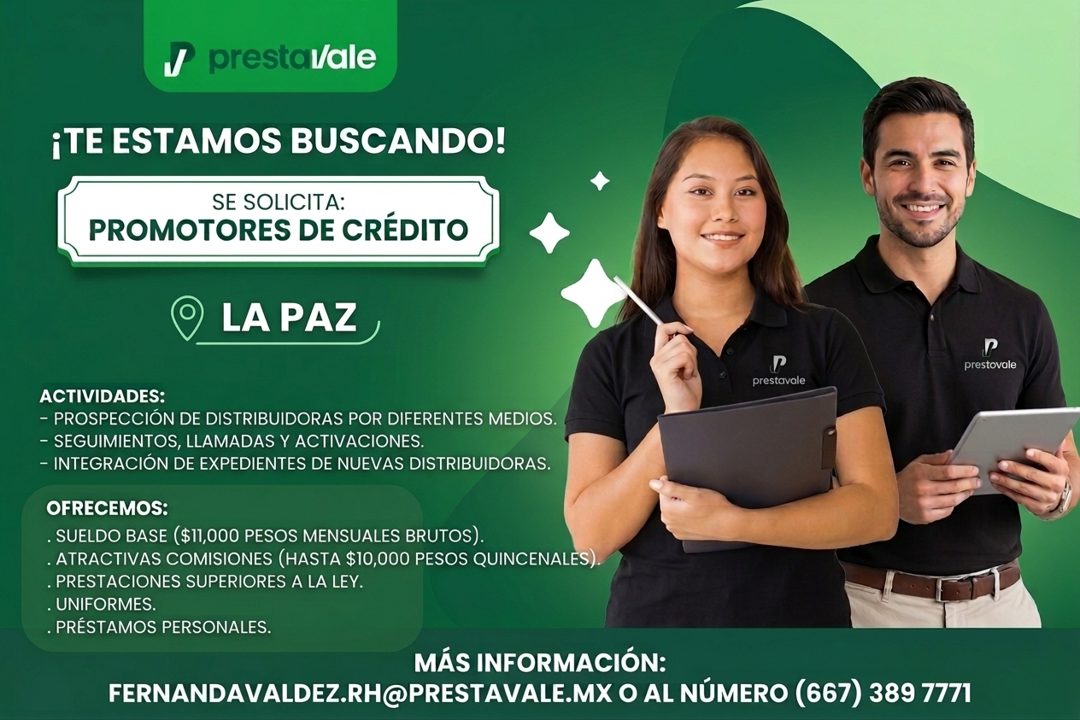 Banner del anuncio de la vacante: presta/ale · ¡TE ESTAMOS BUSCANDO! · SE SOLICITA: · PROMOTORES DE CRÉDITO · LA PAZ · prestovale · prestavale · ACTIVIDADES: · - PROSPECCIÓN 