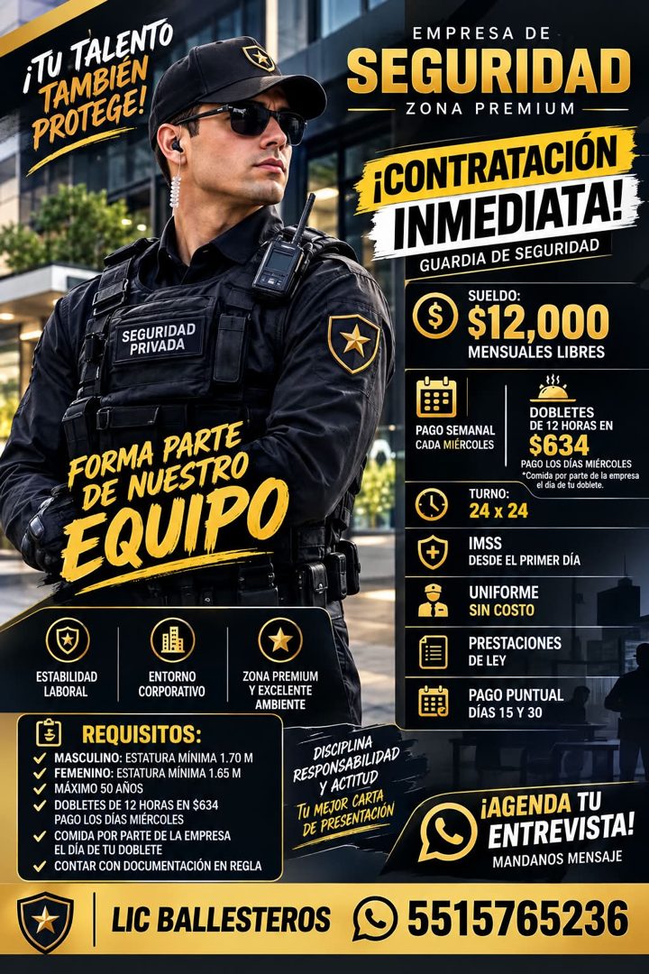 Banner del anuncio de la vacante: ¡TU TALENTO · TAMBIÉN · PROTEGE! · SEGURIDAD · PRIVADA · EMPRESA DE · SEGURIDAD · ZONA PREMIUM · ¡CONTRATACIÓN · INMEDIATA! · GUARDIA DE SEG