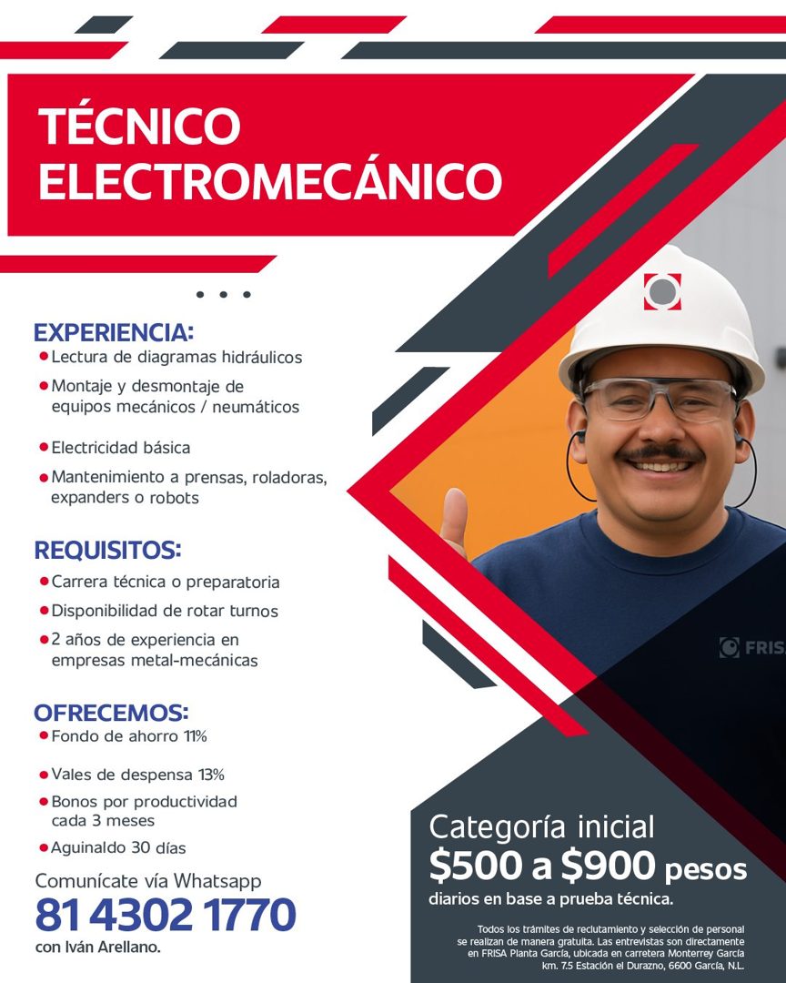 Banner del anuncio de la vacante: TÉCNICO · ELECTROMECÁNICO · EXPERIENCIA: · • Lectura de diagramas hidráulicos · • Montaje y desmontaje de · equipos mecánicos / neumáticos ·