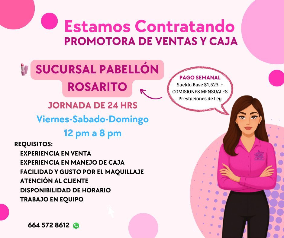 Banner del anuncio de la vacante: Estamos Contratando · PROMOTORA DE VENTAS Y CAJA · SUCURSAL PABELLÓN · ROSARITO · JORNADA DE 24 HRS · Viernes-Sabado-Domingo · 12 pm a 8 pm 