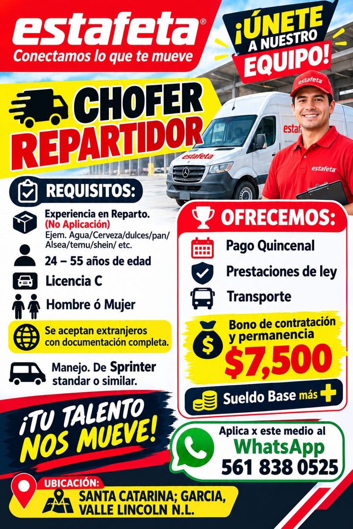 Banner del anuncio de la vacante: estafeta® · Conectamos lo que te mueve · , CHOFER · REPARTIDOR · estafeta · REQUISITOS: · Experiencia en Reparto. · (No Aplicación) · Ejem. 