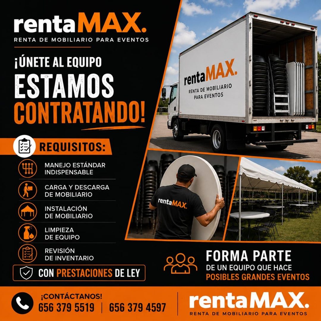 Banner del anuncio de la vacante: rentaMAX. · RENTA DE MOBILIARIO PARA EVENTOS · ¡ÚNETE AL EQUIPO · ESTAMOS · CONTRATANDO! · renta MAX. · RENTA DE MOBILIARIO · PARA EVENTOS ·