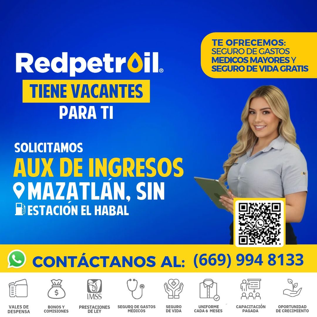 Banner del anuncio de la vacante: Redpetroil® · TIENE VACANTES · PARA TI · TE OFRECEMOS: · SEGURO DE GASTOS · MEDICOS MAYORES Y · SEGURO DE VIDA GRATIS · SOLICITAMOS · AUX DE