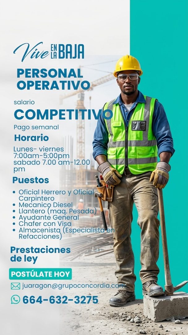 Banner del anuncio de la vacante: Vive iBAJA · PERSONAL · OPERATIVO · salario · COMPETITIVO! · Pago semanal · Horario · Lunes- viernes · 7:00am-5:00pm · sabado 7.00 am-12.00 