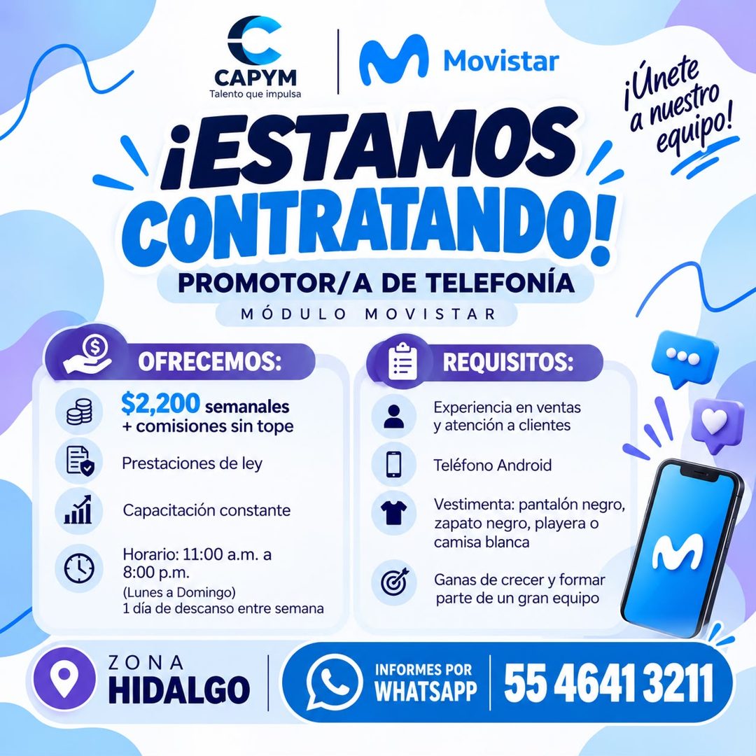 Banner del anuncio de la vacante: CAPYM · M Movistar · Talento que impulsa · únete · ¡ESTAMOS, · a nuestro · equipo! · CONTRATANDO! · PROMOTOR/A DE TELEFONÍA · MÓDULO MOVISTA