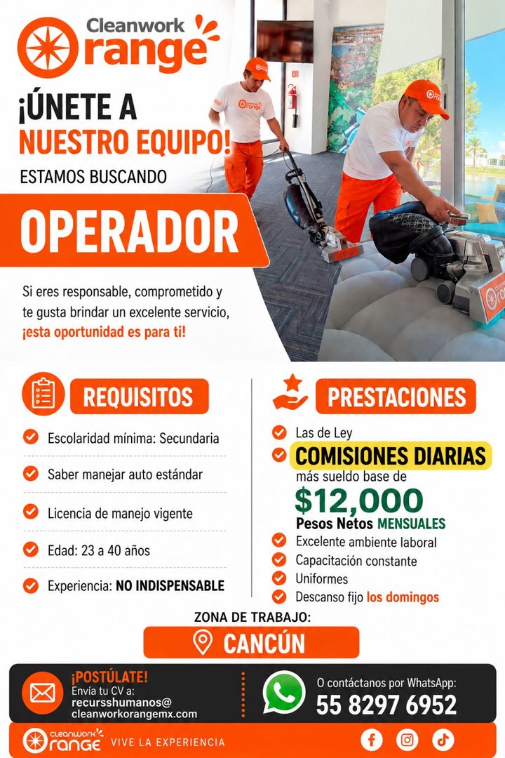 Banner del anuncio de la vacante: Cleanwork · range · ¡ÚNETE A · NUESTRO EQUIPO! · ESTAMOS BUSCANDO · OPERADOR · Si eres responsable, comprometido y · te gusta brindar un exc