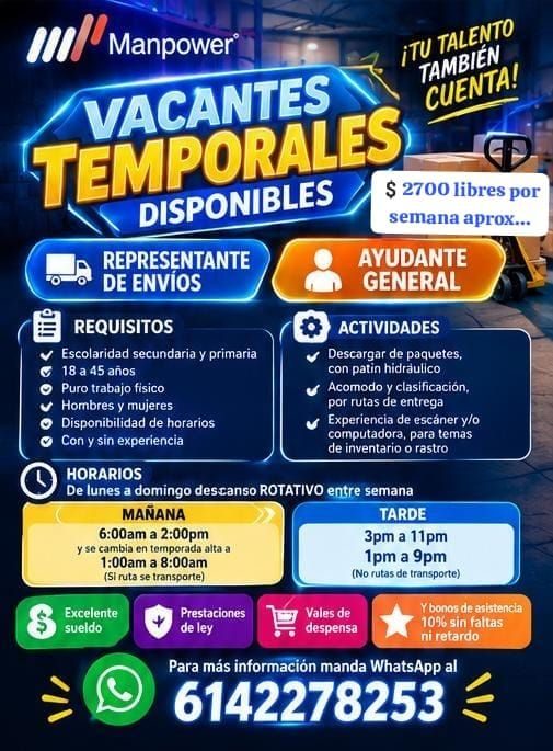 Banner del anuncio de la vacante: Manpower® · VACANTES · TEMPORALES · DISPONIBLES · ¡TU TALENTO · TAMBIEN · CUENTA! · $ 2700 libres por · semana aprox... · REPRESENTANTE · DE