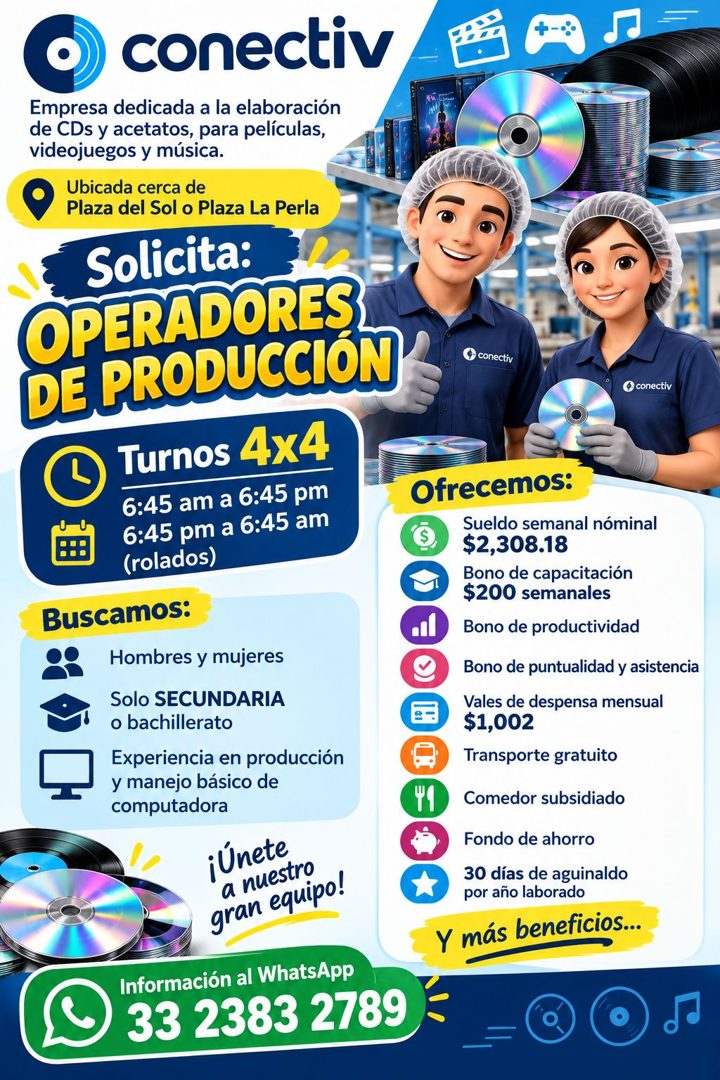 Banner del anuncio de la vacante: conectiv · Empresa dedicada a la elaboración · de CDs y acetatos, para películas, · videojuegos y música. · Ubicada cerca de · Plaza del Sol