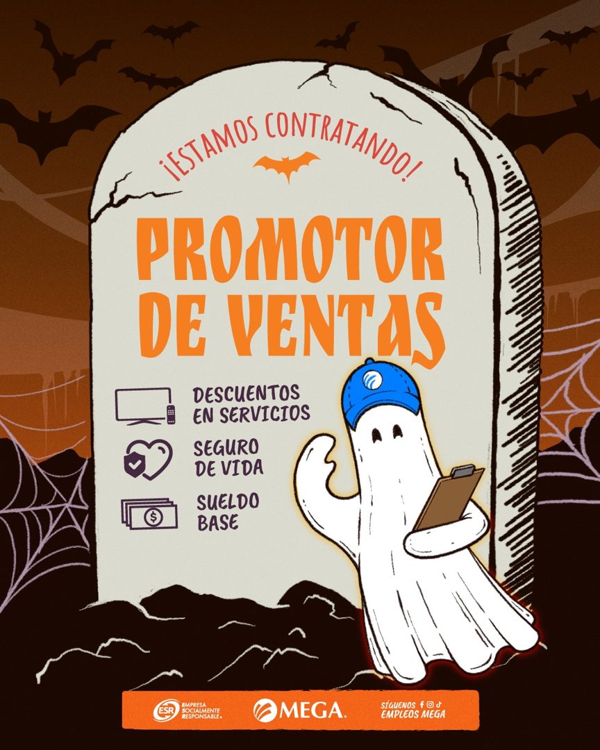Banner del anuncio de la vacante: YETANOS CONTRATANDO, · PROMOTOR · DE VENTAS · DESCUENTOS · EN SERVICIOS · SEGURO · DE VIDA · SUELDO · BASE · EMPRESA · SOCIALMENTE · RESPONS