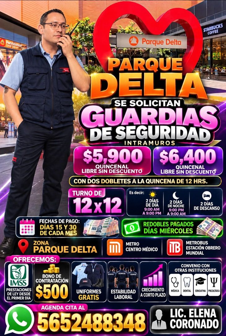 Banner del anuncio de la vacante: STARBUCKS · COFFEE · Parque Delta · PARQUE · DELTA · SE SOLICITAN · GUARDIAS · DE SEGURIDAD · INTRAMUROS · $5,900 · QUINCENAL · $6,400 · QUI