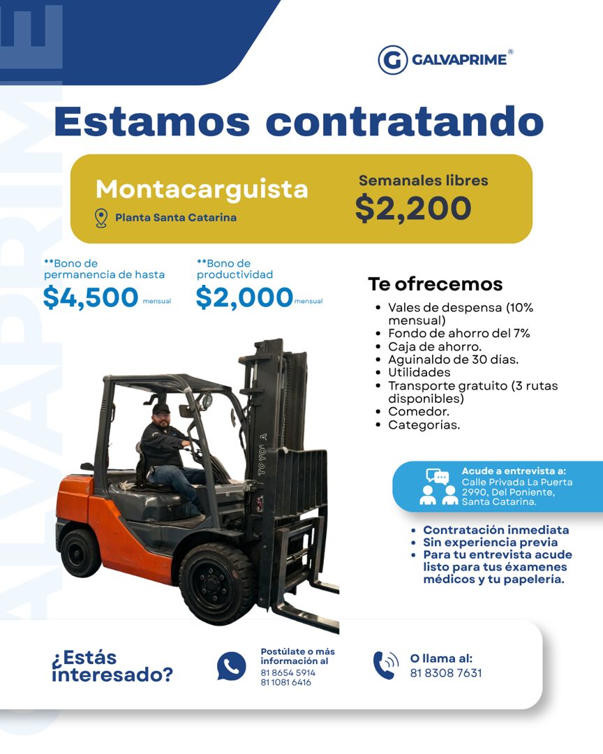 Banner del anuncio de la vacante: @CALVAPRIME® · Estamos contratando · Montacarguista · Planta Santa Catarina · Semanales libres · $2,200 · **Bono de · permanencia de hasta ·
