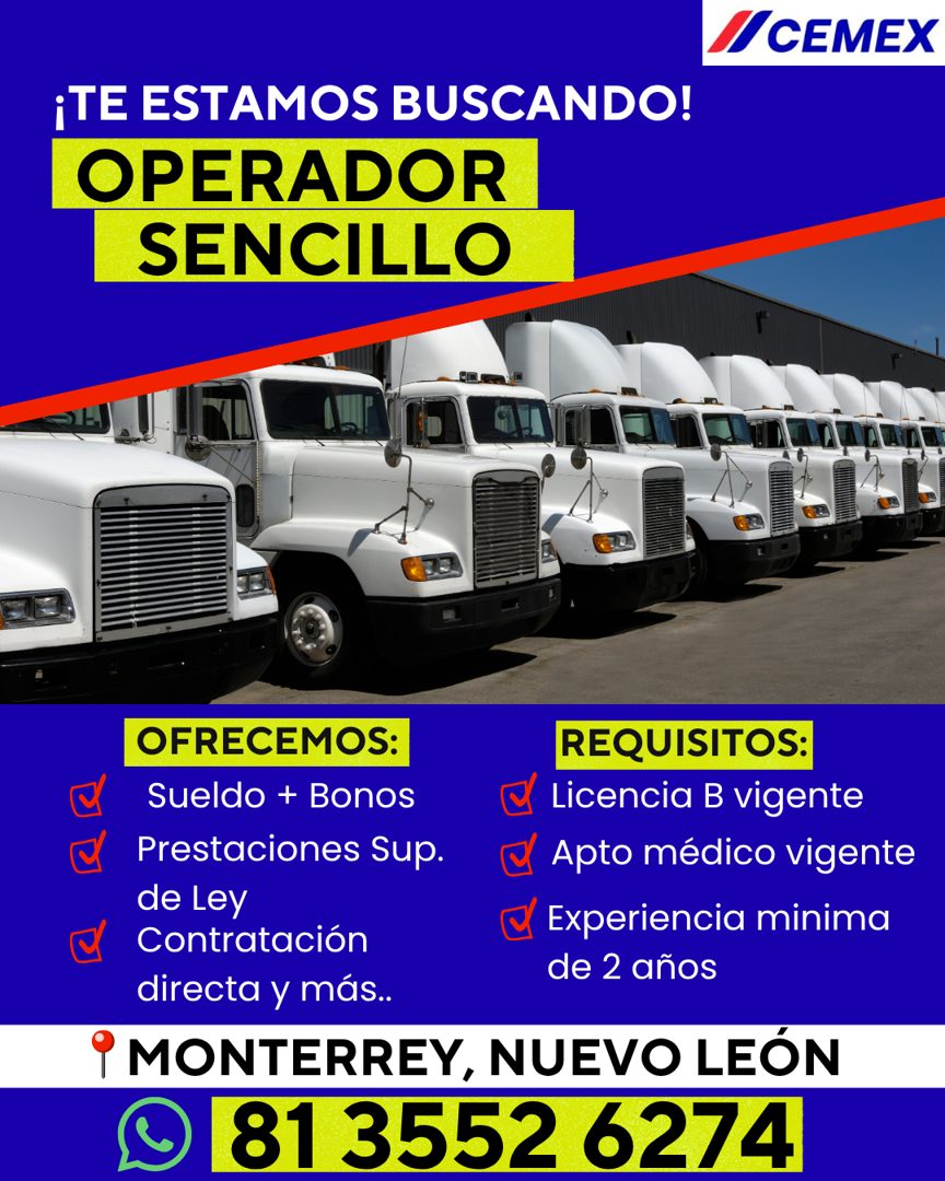 Banner del anuncio de la vacante: /CEMEX · ¡TE ESTAMOS BUSCANDO! · OPERADOR · SENCILLO · OFRECEMOS: · Sueldo + Bonos · Prestaciones Sup. · de Ley · Contratación · REQUISITOS: