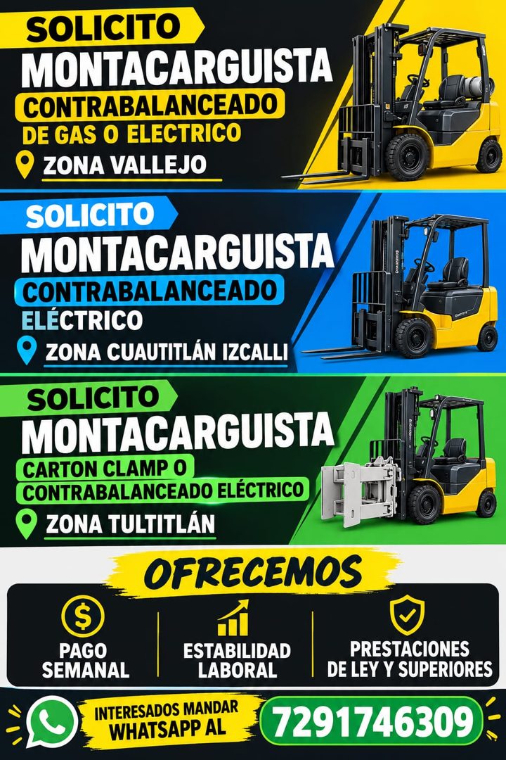 Banner del anuncio de la vacante: SOLICITO · MONTACARGUISTA · CONTRABALANCEADO · DE GAS O ELECTRICO · ZONA VALLEJO · SOLICITO · MONTACARGUISTA · CONTRABALANCEADO · ELECTRICO 