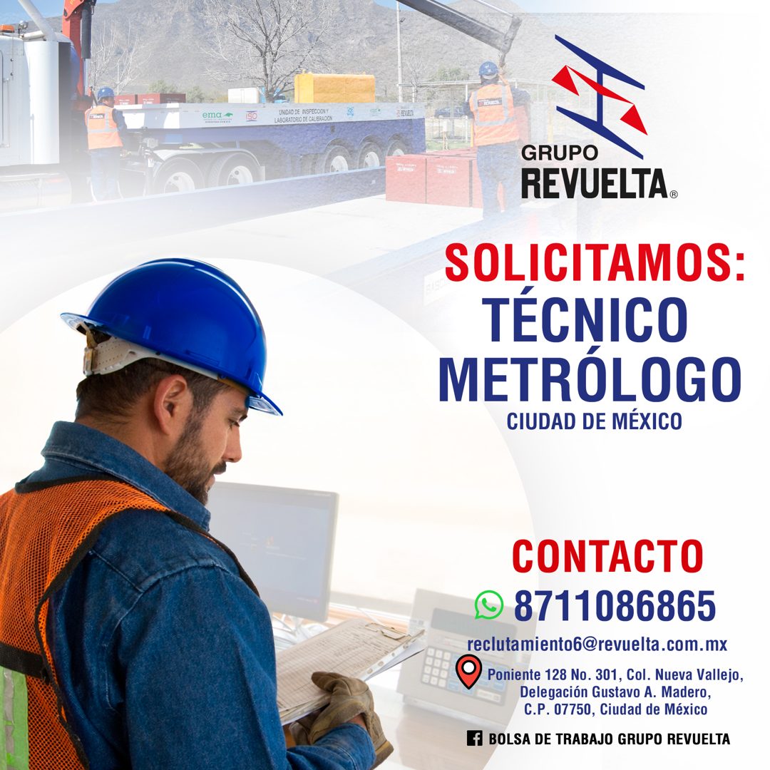 Banner del anuncio de la vacante: ema Ar · ISO · UNIDAD DE INSPECCION Y · LABORATORIO DE CALIBRACION · 2 RE1U21A · ES Rian · GRUPO · REVUELTA. · SOLICITAMOS: · TÉCNICO · METR