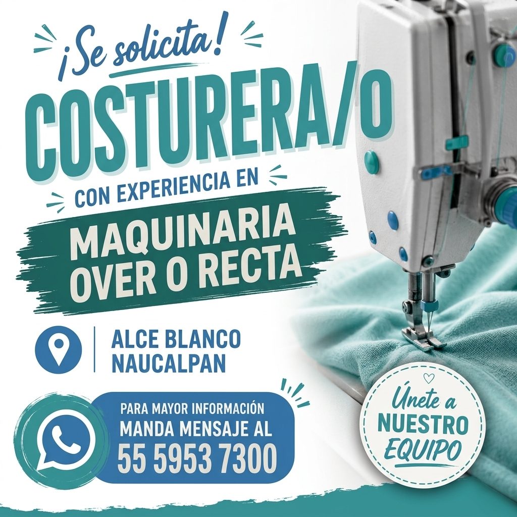 Banner del anuncio de la vacante: ¡Se solicita! · COSTURERA/O · CON EXPERIENCIA EN · MAQUINARIA · OVER O RECTA · ALCE BLANCO · NAUCALPAN · PARA MAYOR INFORMACIÓN · MANDA MENS