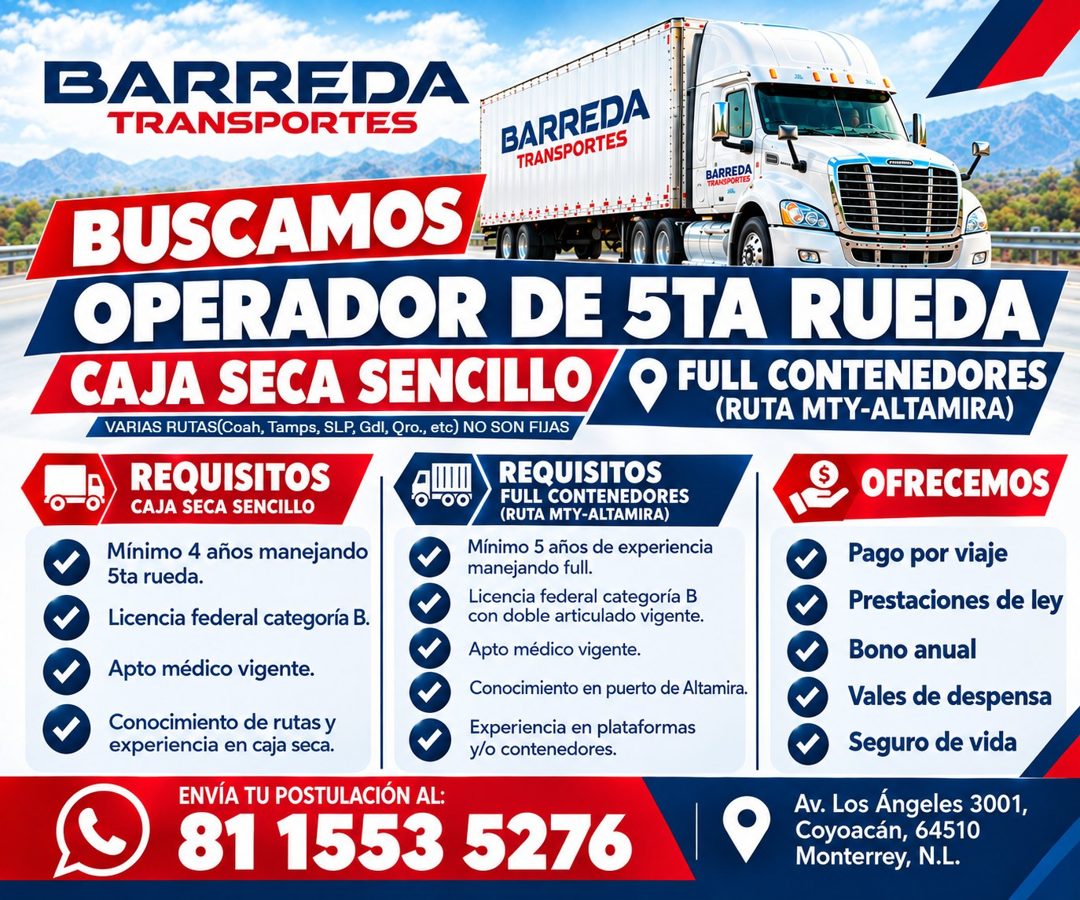 Banner del anuncio de la vacante: BARREDA · TRANSPORTES · BARREDA · TRANSPORTES · BARREDA · • TRANSPORTES · BUSCAMOS · OPERADOR DE 5TA RUEDA · CAJA SECA SENCILLO · • FULL CON
