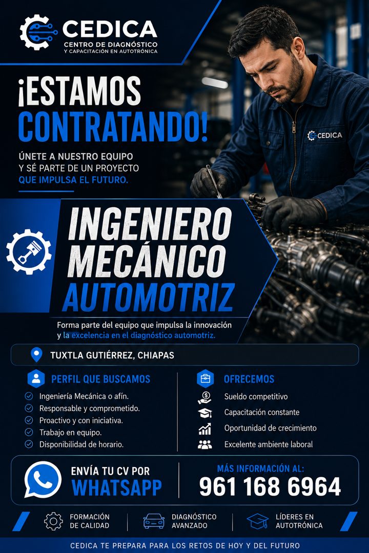 Banner del anuncio de la vacante: CEDICA · CENTRO DE DIAGNÓSTICO · Y CAPACITACIÓN EN AUTOTRÓNICA · ¡ESTAMOS · CONTRATANDO! · ÚNETE A NUESTRO EQUIPO · Y SÉ PARTE DE UN PROYECT