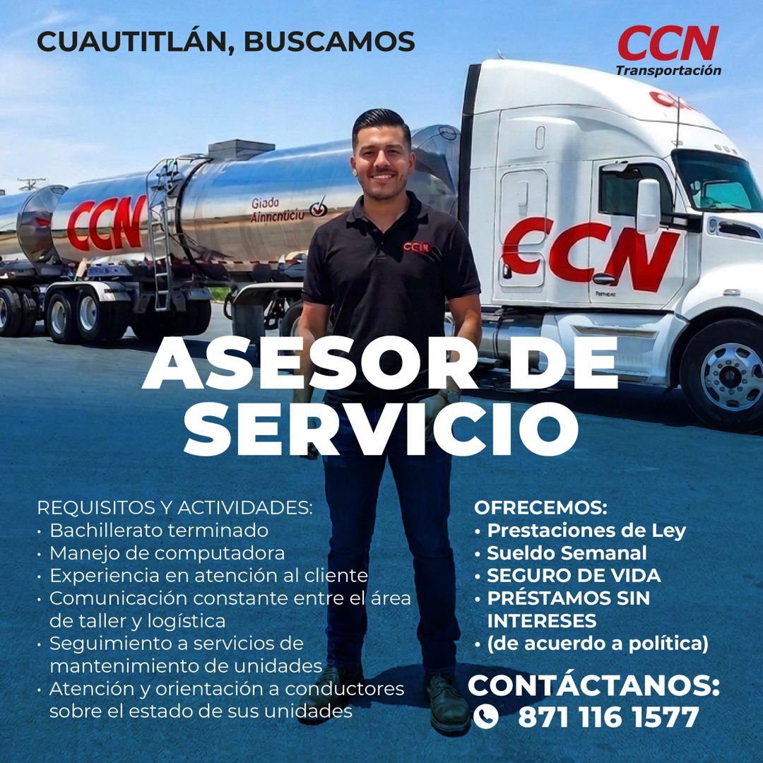 Banner del anuncio de la vacante: CUAUTITLÁN, BUSCAMOS · CCN · Transportación · 4 1 % · CCN · Giado · Ainnenticiu · CCIN · ECN · ASESOR DE · SERVICIO · REQUISITOS Y ACTIVIDAD