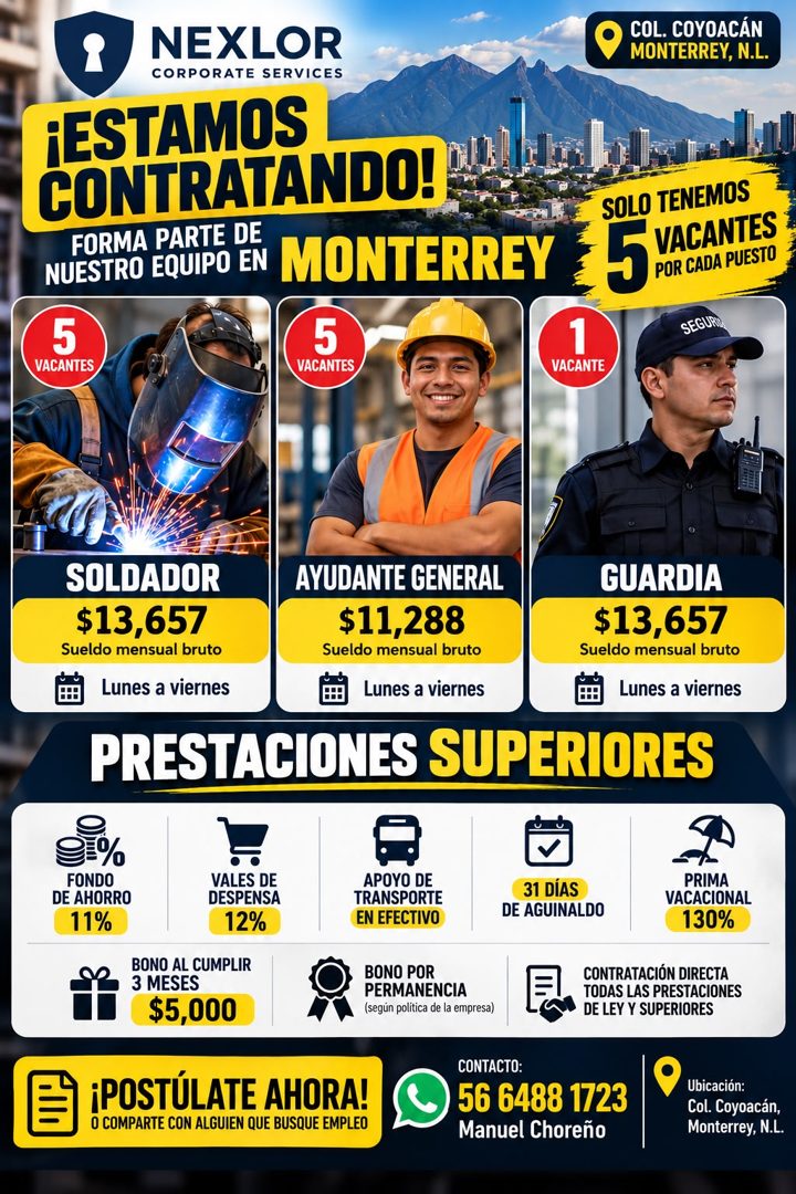 Banner del anuncio de la vacante: NEXLOR · CORPORATE SERVICES · ¡ESTAMOS · CONTRATANDO! · FORMA PARTE DE · NUESTRO EQUIPO EN · MONTERREY · 5 · VACANTES · 5 · VACANTES · COL. 