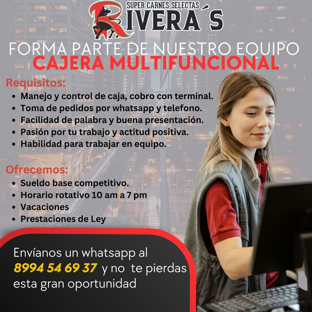 Banner del anuncio de la vacante: SUPER CARNES SELECTAS · IVERA S · FORMA PARTE DE NUESTRO EQUIPO · CAJERA MULTIFUNCIONAL · Requisitos: · • Manejo y control de caja, cobro co