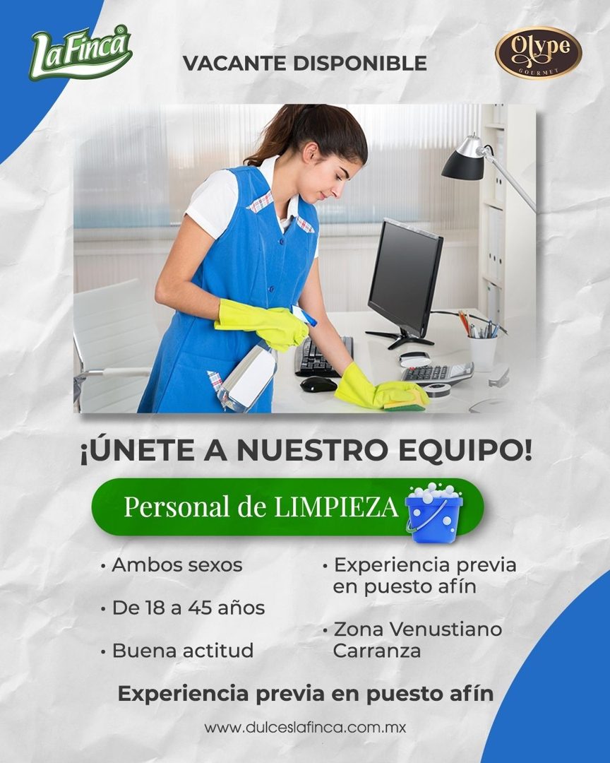 Banner del anuncio de la vacante: la Finca · VACANTE DISPONIBLE · Olype · GOURMET · ¡ÚNETE A NUESTRO EQUIPO! · Personal de LIMPIEZA · • Ambos sexos · • Experiencia previa · e