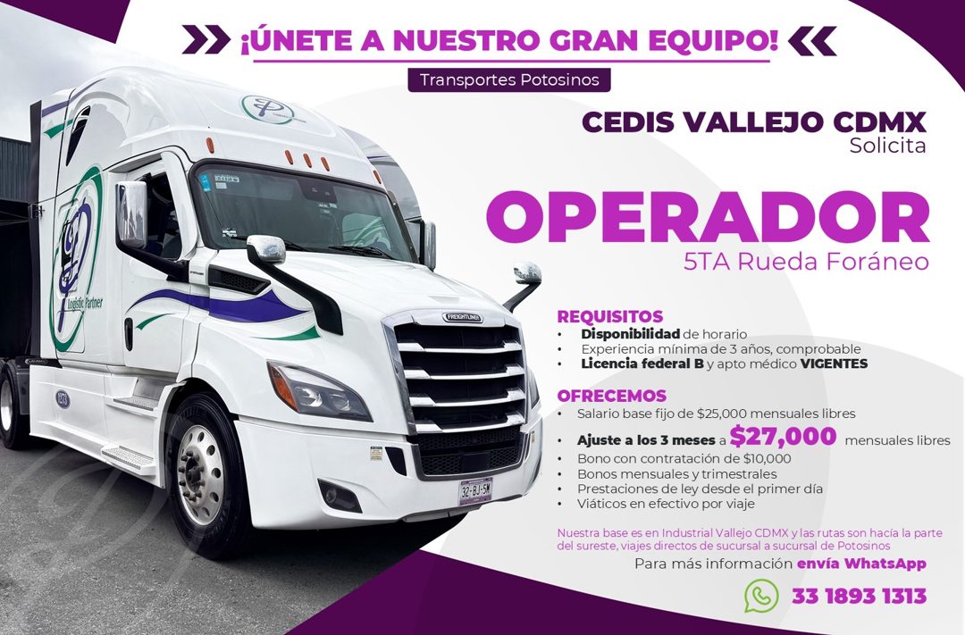 Banner del anuncio de la vacante: ¡ÚNETE A NUESTRO GRAN EQUIPO! · Transportes Potosinos · CEDIS VALLEJO CDMX · Solicita · OPERADOR · 5TA Rueda Foráneo · logio Partier · FRE I