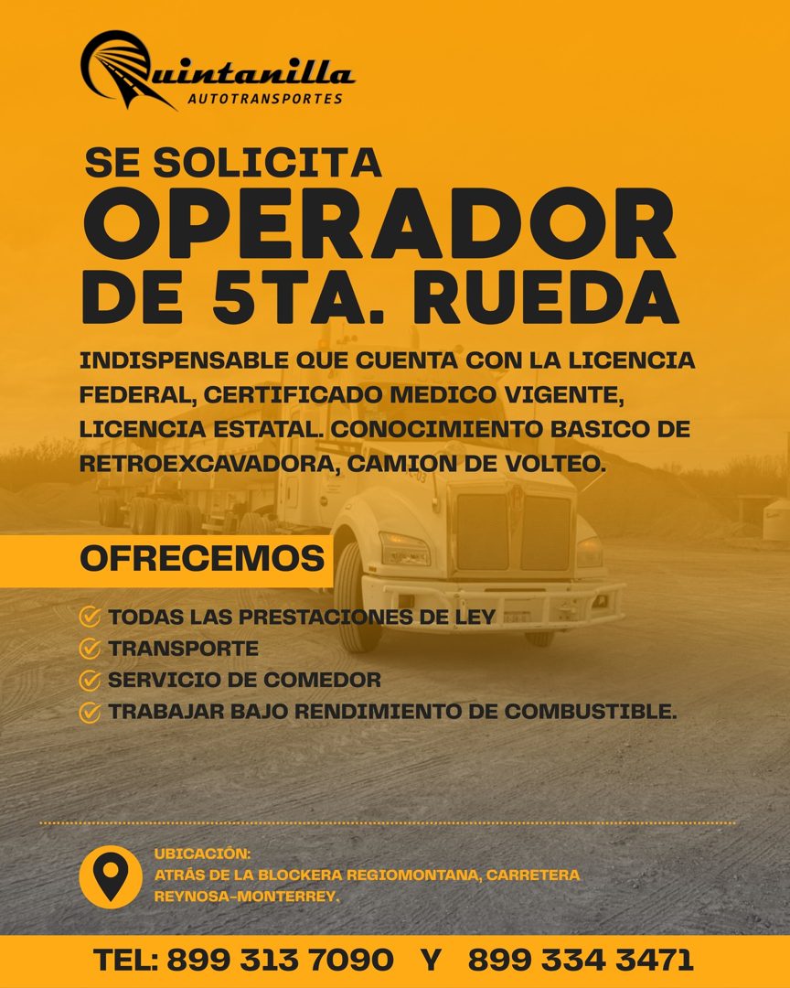 Banner del anuncio de la vacante: uintanilla · AUTOTRANSPORTES · SE SOLICITA · OPERADOR · DE 5TA. RUEDA · INDISPENSABLE QUE CUENTA CON LA LICENCIA · FEDERAL, CERTIFICADO MEDI