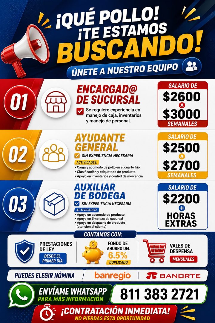 Banner del anuncio de la vacante: 01 · 02 · 03 · ¡QUÉ POLLO! · ¡TE ESTAMOS · BUSCANDO! · ÚNETE A NUESTRO EQUIPO · ENCARGAD@ · DE SUCURSAL · Se requiere experiencia en · manej