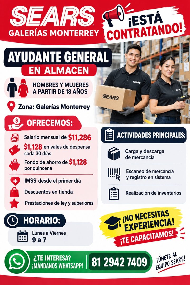 Banner del anuncio de la vacante: SEARS · GALERÍAS MONTERREY · AYUDANTE GENERAL · EN ALMACEN · HOMBRES Y MUJERES · A PARTIR DE 18 AÑOS · Zona: Galerías Monterrey · OFRECEMOS: