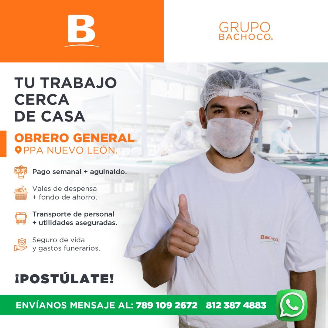 Banner del anuncio de la vacante: GRUPO · BACHOCO. · TU TRABAJO · CERCA · DE CASA · OBRERO GENERAL · OPPA NUEVO LEÓN. · Pago semanal + aguinaldo. · B888 · Vales de despensa ·