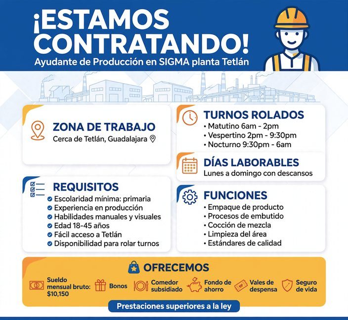 Banner del anuncio de la vacante: ¡ESTAMOS · CONTRATANDO! · Ayudante de Producción en SIGMA planta Tetlán · ZONA DE TRABAJO · Cerca de Tetlán, Guadalajara ® · REQUISITOS · • 
