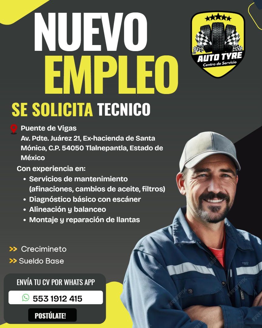 Banner del anuncio de la vacante: NUEVO · EMPLEO · SE SOLICITA TECNICO · Puente de Vigas · Av. Pote. Juárez 21, Ex-hacienda de Santa · Mónica, C.P. 54050 Tlalnepantla, Estado