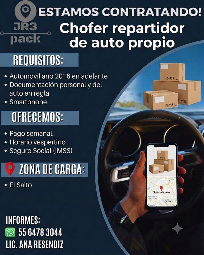 Banner del anuncio de la vacante: ESTAMOS CONTRATANDO! · Chofer repartidor · de auto propio · DR3 · pack · -0 · REQUISITOS: · • Automovil año 2016 en adelante · • Documentaci