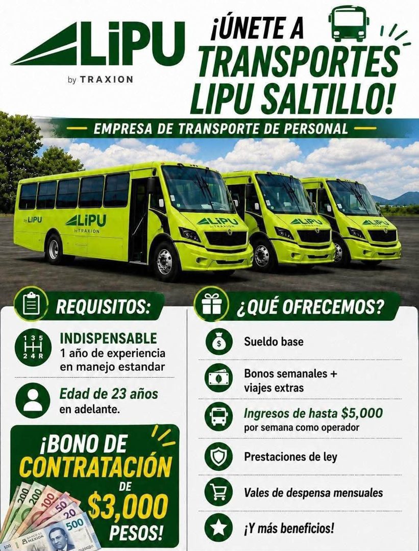 Banner del anuncio de la vacante: LiPU · ¡ÚNETE A · by TRAXION · TRANSPORTES · LIPU SALTILLO! · - EMPRESA DE TRANSPORTE DE PERSONAL - · LiPU · INTRAXION · ALIPU · SOL, · REQU