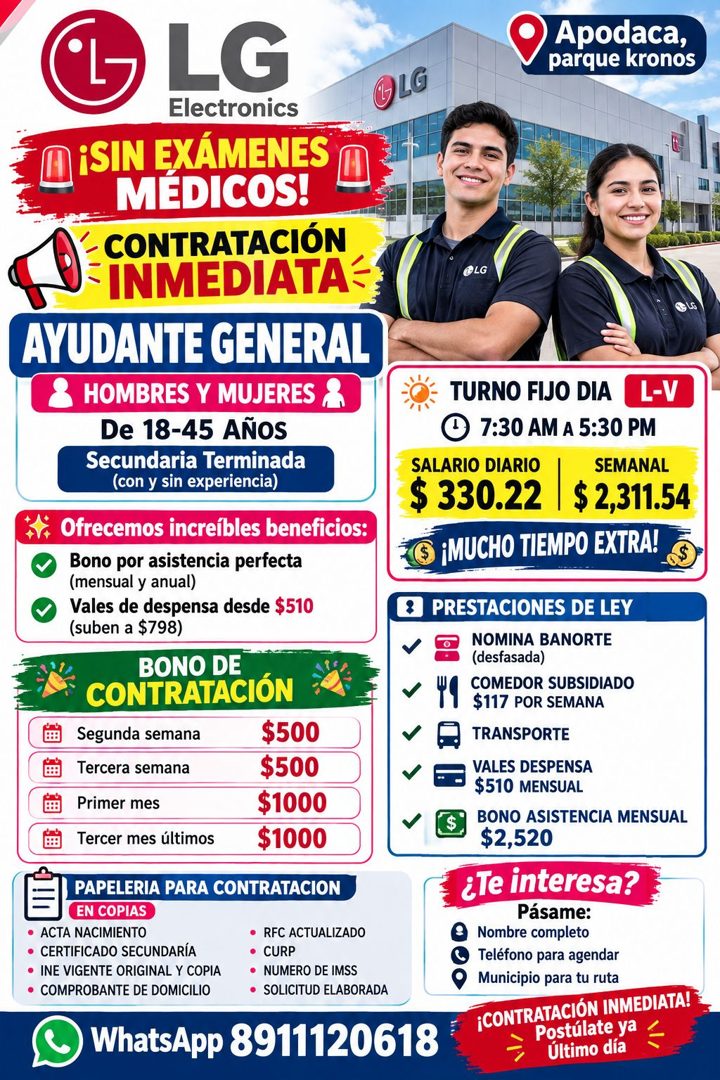 Banner del anuncio de la vacante: LG · Electronics · •SIN EXÁMENES · MÉDICOS! · CONTRATACIÓN · INMEDIATA - · AYUDANTE GENERAL · HOMBRES Y MUJERES · De 18-45 AÑOS · Secundaria
