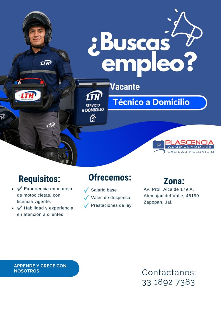 Banner del anuncio de la vacante: LTH · LTH · LTH · Requisitos: · • · V Experiencia en manejo · de motocicletas, con · licencia vigente. · • V Habilidad y experiencia · en at