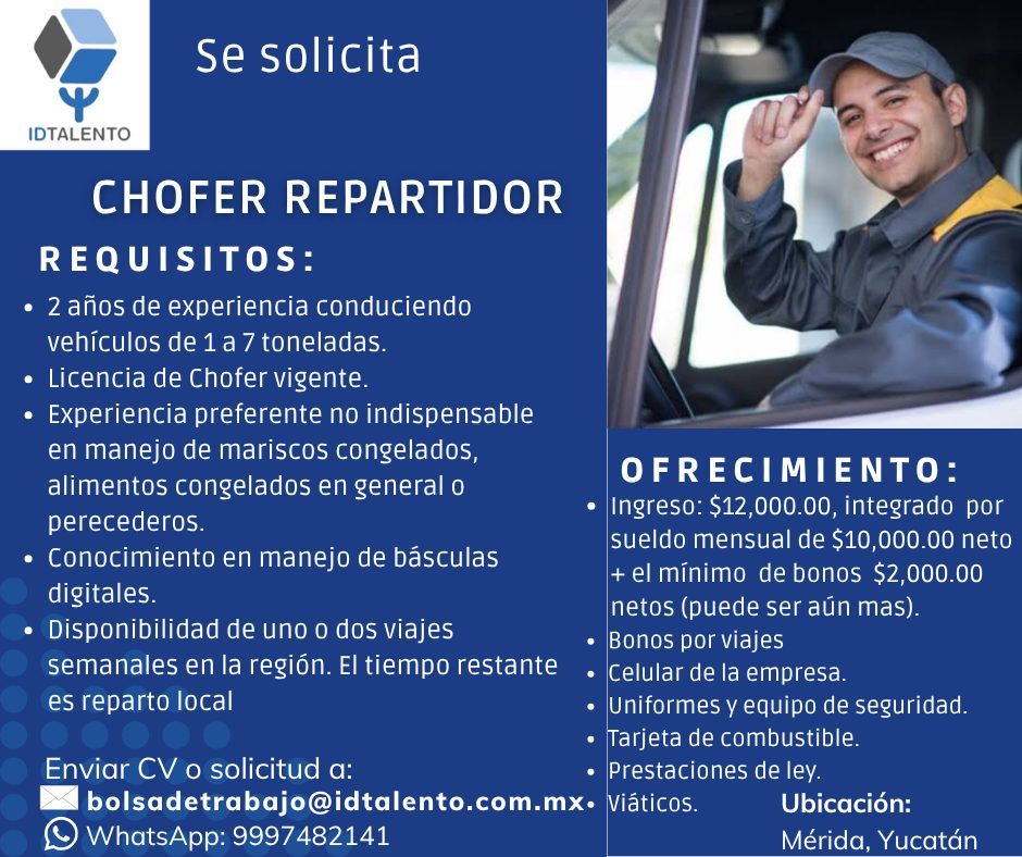 Banner del anuncio de la vacante: Se solicita · IDTALENTO · CHOFER REPARTIDOR · REQUISITOS: · • 2 años de experiencia conduciendo · vehículos de 1 a 7 toneladas. · • Licencia