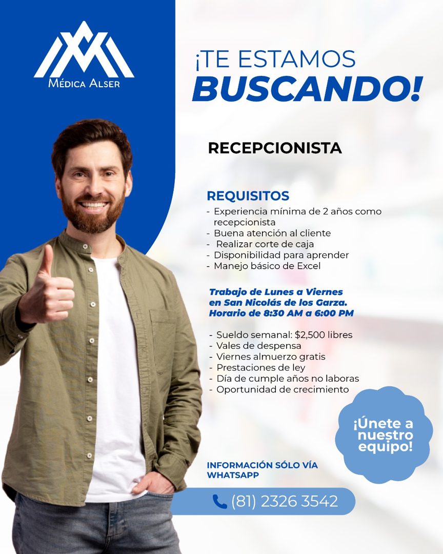 Banner del anuncio de la vacante: MÉDICA ALSER · ¡TE ESTAMOS · BUSCANDO! · RECEPCIONISTA · REQUISITOS · - Experiencia mínima de 2 años como · recepcionista · - Buena atención