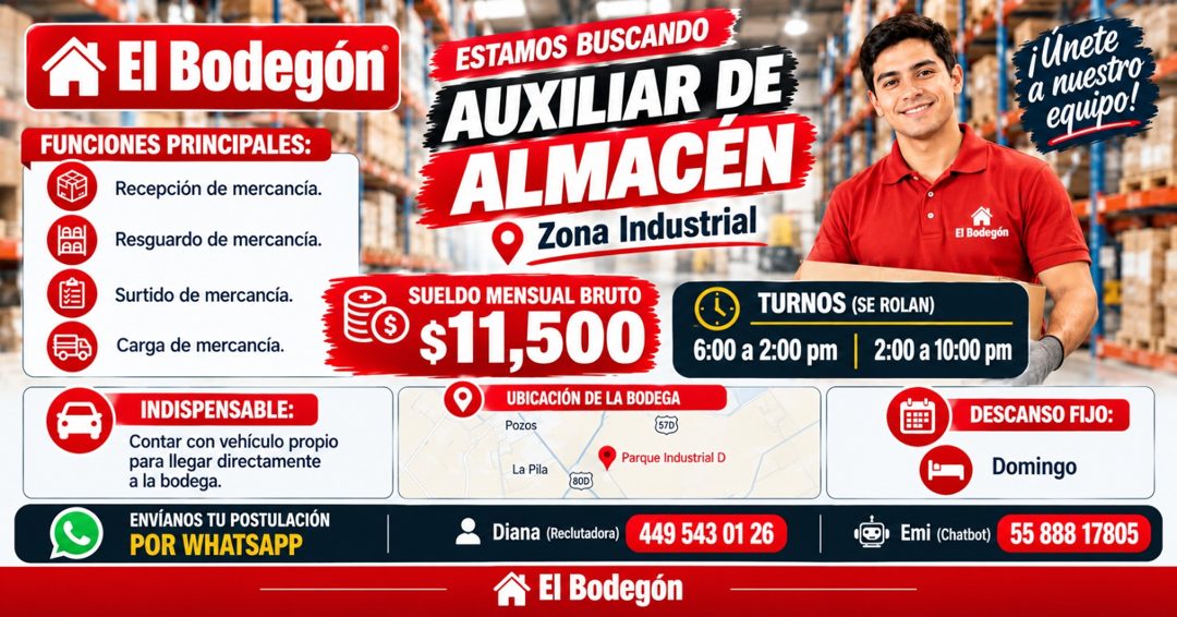 Banner del anuncio de la vacante: A El Bodegón · FUNCIONES PRINCIPALES: · Recepción de mercancía. · leal · aal · Resguardo de mercancía. · Surtido de mercancía. · Carga de me