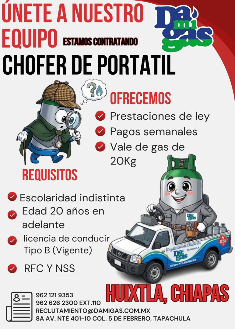 Banner del anuncio de la vacante: ÚNETE A NUESTRO · EQUIPO · ESTAMOS CONTRATANDO · CHOFER DE PORTATIL · OFRECEMOS · • Prestaciones de ley · • Pagos semanales · • Vale de gas 