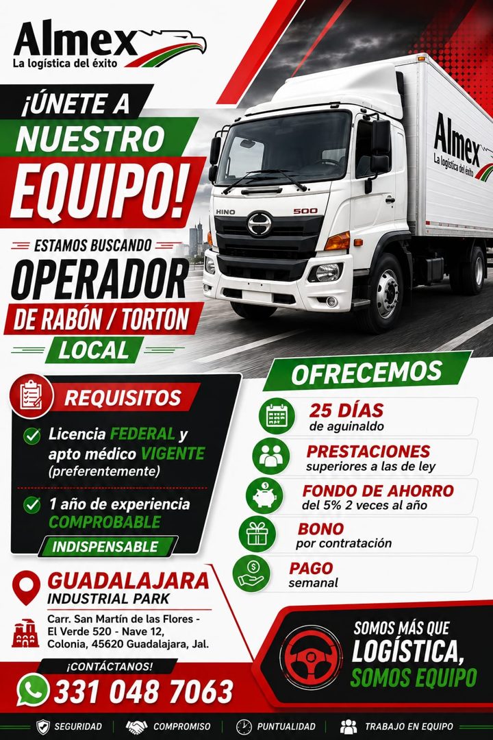 Banner del anuncio de la vacante: Almex · La logística del éxito · ¡ÚNETE A · NUESTRO · EQUIPO! · HINO · = ESTAMOS BUSCANDO · OPERADOR · DE RABÓN / TORTON · LOCAL · 500 · REQ