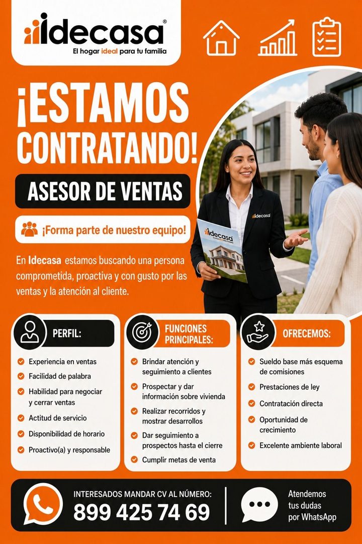 Banner del anuncio de la vacante: ildecasa · El hogar ideal para tu familia · ¡ESTAMOS · CONTRATANDO! · ASESOR DE VENTAS · ¡Forma parte de nuestro equipo! · En Idecasa estamo