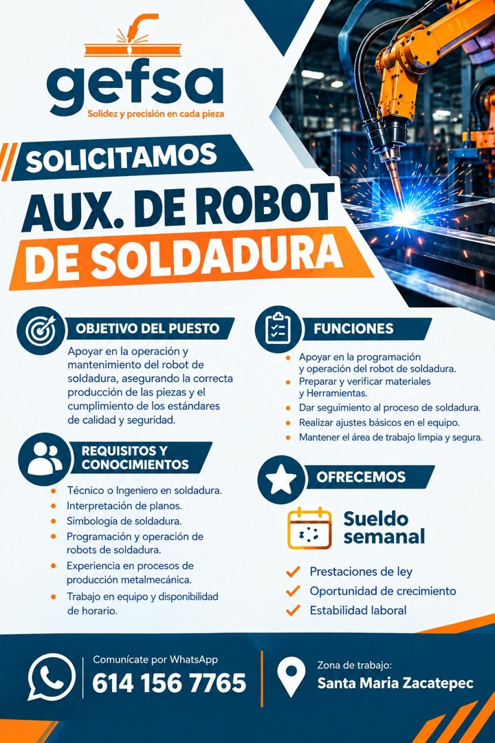 Banner del anuncio de la vacante: gefsa · Solidez y precisión en cada pieza · SOLICITAMOS · AUX. DE ROBOT · DE SOLDADURA · • · • · OBJETIVO DEL PUESTO · Apoyar en la operació